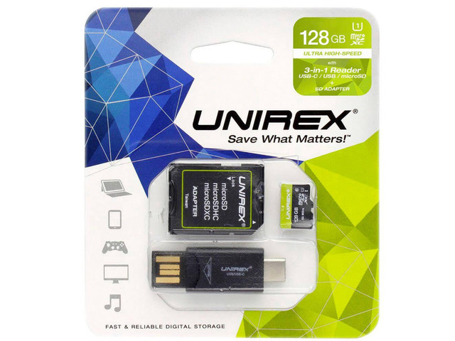 Unirex MTC128M 128GB MicroSD with USB Reader & SD Adapter