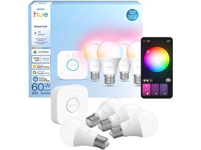 Hue 608983 White and Color A19 60W Smart LED Essential Starter Kit with Bridge