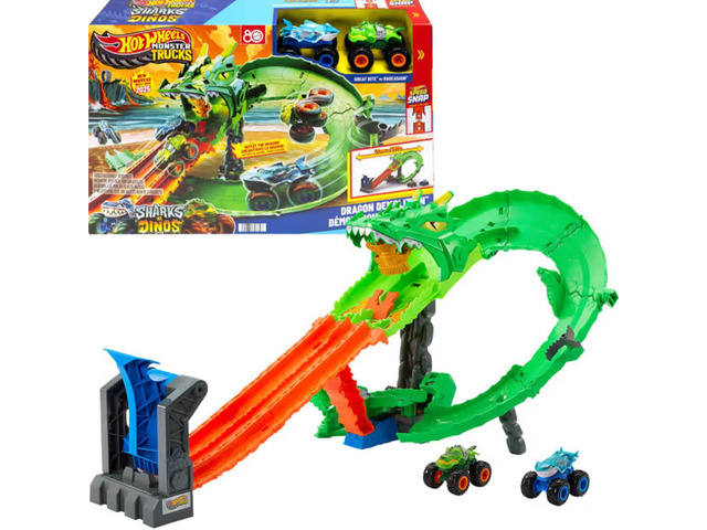 Mattel JFR06 Hot Wheels Monster Trucks Sharks vs Dinos Dragon Destruction Playset