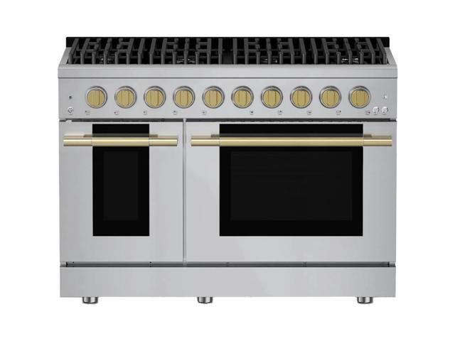 HAUSLANE PRG48GD 6.7 Cu. Ft. Stainless and Satin Brass Slide-In Double Oven Gas Convection Range