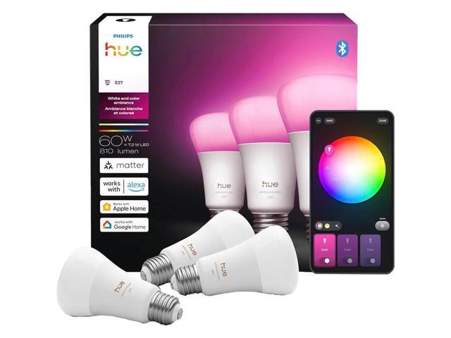 Hue 590885 White and Color Ambiance A19 LED 60W E26 Smart Bulbs with Chromasync (3-Pack)