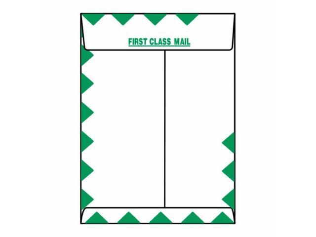 Open End First Class Catalog Envelopes, 10' x 13', 25#, Green Diamond Border, White Paper/Poly/Paper, 'First Class Mail' on Face & Fla