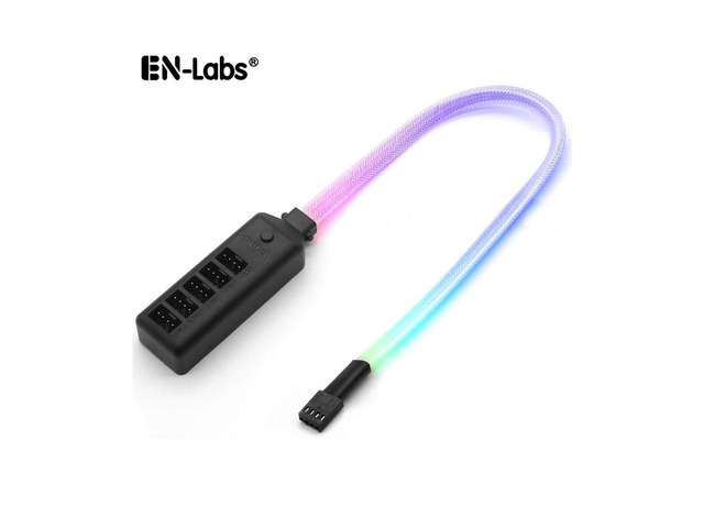 PWM Fan Hub w/ LED RGB Colorful Switch,1 to 5 Sleeved PWM Fan Splitter Hub Adapter Cable for 12V Desktop Computer Cooler Case Fans 4-Pin & 3-Pin -...
