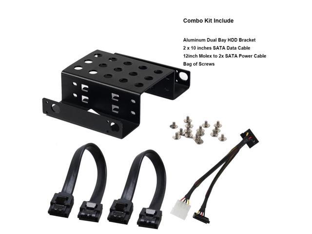 Aluminum 2 Bay 2.5 ' SATA HDD SSD to 5.25' CD-ROM Internal Hard Drive Adapter Mounting Bracket Converter Kit - 10' SATA (2 pcs) and 12' Molex 4pin...