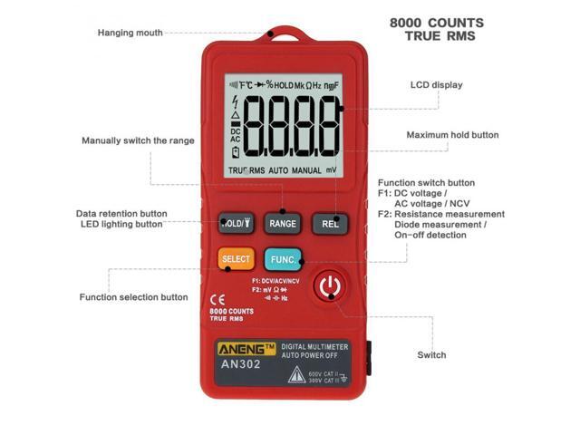 ANENG AN302 Digital Multimeter Voltmeter 8000 Counts Ture RMS AC DC Voltage Resistance Meter - Red