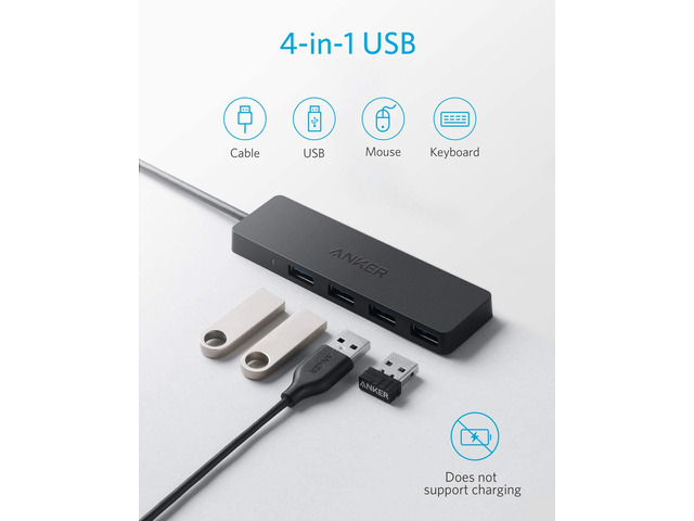 Anker 4-Port USB 3.0 Hub, Ultra-Slim Data USB Hub with 2 ft Extended Cable [Charging Not Supported], for MacBook, Mac Pro, Mac mini, iMac, Surface...