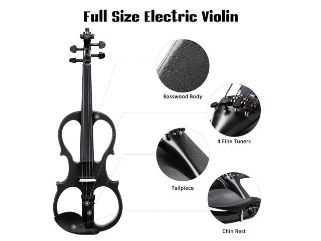 4/4 Electric Violin Full Size Wood Silent Fiddle Bow Headphone Case Black