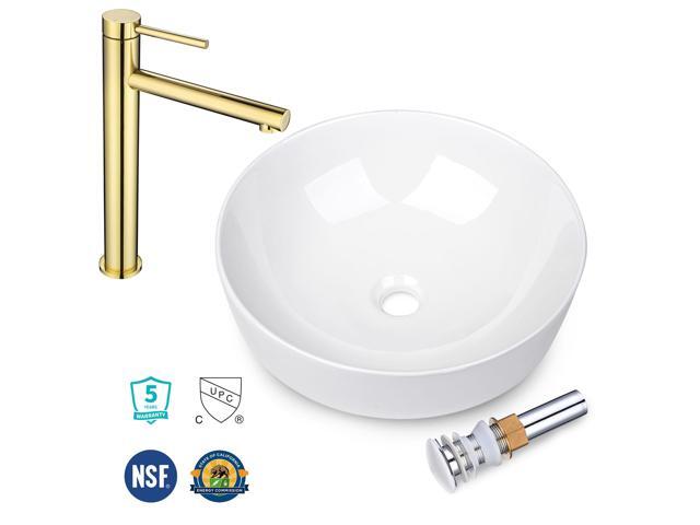 Aquaterior 16' Round Bathroom Ceramic Vessel Sink Faucet Set Vanity Mixer Faucet w/Pop Up Drain Gold (CUPC NSF CEC)