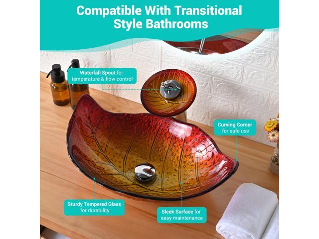 Aquaterior Tempered Glass Sink Transitional Style Leaf Shape Waterfall Faucet
