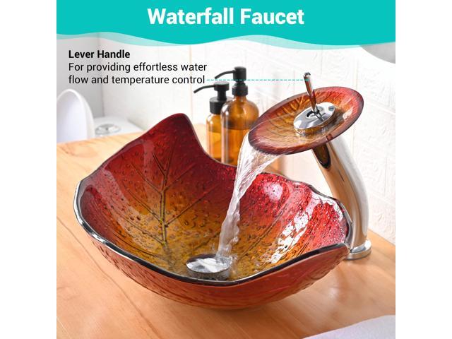 Aquaterior Tempered Glass Sink Transitional Style Leaf Shape Waterfall Faucet