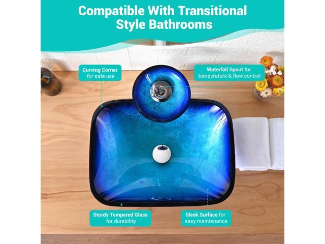 Aquaterior Tempered Glass Sink Transitional Style Basin Waterfall Faucet Kit