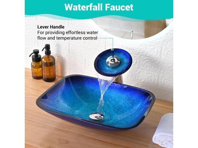 Aquaterior Tempered Glass Sink Transitional Style Basin Waterfall Faucet Kit