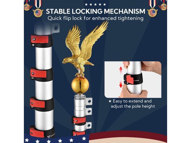 Yescom EZ GO 20ft Eagle Topper Telescopic Flag Pole Kit Upgraded Rotating Lock Outside 3x5' US Flag Ball Final Silver