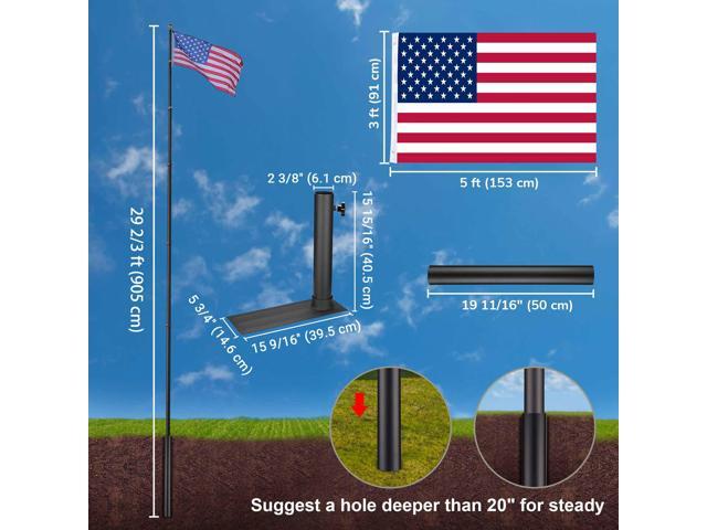 Yescom EZ GO 30ft Telescopic Flag Pole Kit Wheel Tire Mount Stand Upgrade Rotating Lock Outdoor Camper RV Tailgate Black
