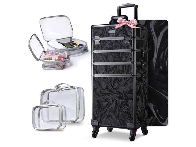 Byootique 4in1 Rolling Makeup Train Case with 2 PCS Clear Cosmetic Toiletry Bag for Makeup Artist, CB Shadows