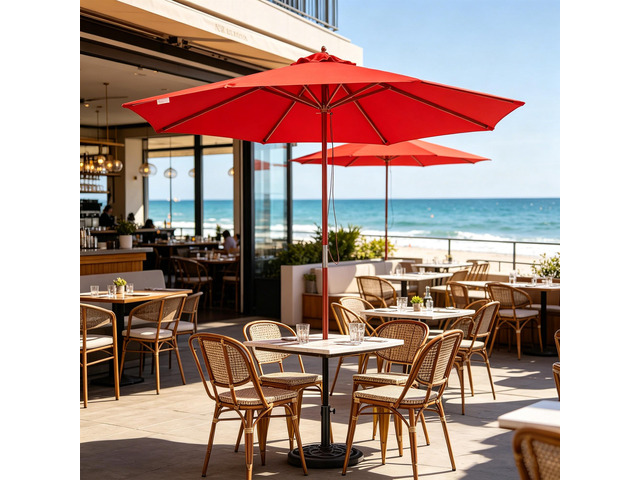 Yescom 9FT Solid Wood Patio Umbrella w/ Retro Base Pulley Lift for Resort Outdoor Event Decor Rental Wedding Party Red