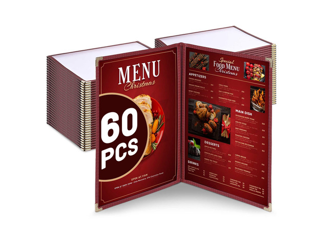 WeChef 60 Pack Restaurant Menu Covers 8.5' x 14' Double Fold 2 Pages 4 Views PVC Transparent for Club Hotel Bar Burgundy