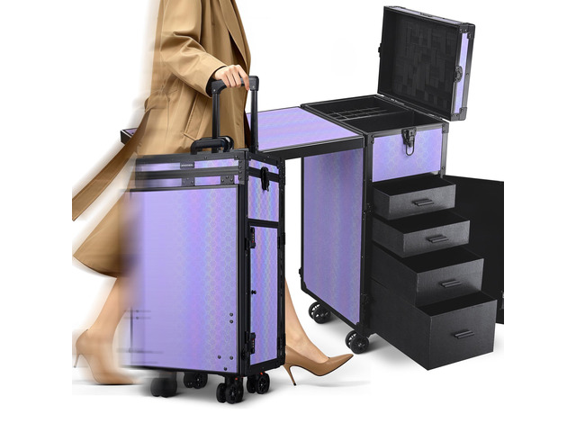 Byootique Aluminum Rolling Makeup Train Case w/ Table Salon Charm ForgetMeNot