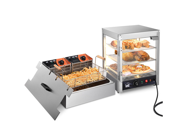 WeChef Commercial Deep Fryer (10L) & 3-Tier Food Warmer Combo 5000W High-Capacity Electric Countertop Fryer and 110V Heated Display Case