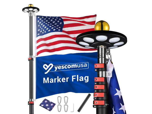 Yescom 20FT Ice Shack Marker Flag Pole with 136-LED Solar Lights Telescopic Rechargeable Li-Battery, Waterproof IP44, 6 Sections Extendable, 60s...