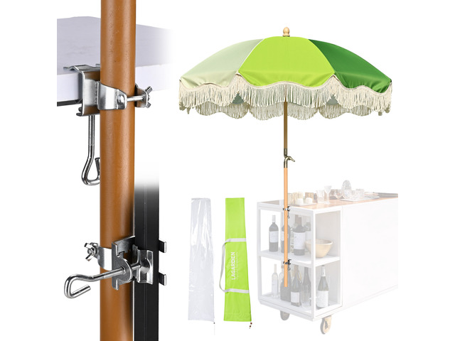 LAGarden 6ft Tilt Retro Beech Wood Fringe Umbrella Kit w/ Drill-free Clamp Vertical Horizontal Side Mount for Outdoor Event Wedding Mobile Cart, Green