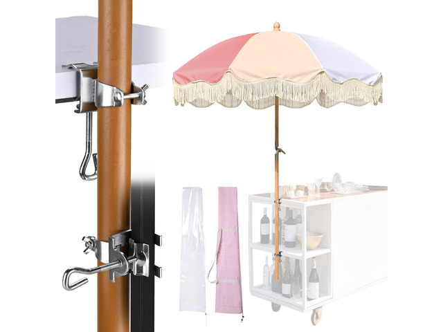 LAGarden 6' Tilt Retro Beech Wood Fringe Umbrella Kit with Drill-free Clamp Vertical Horizontal Side Mount for Outdoor Event Wedding Mobile Cart, Pink