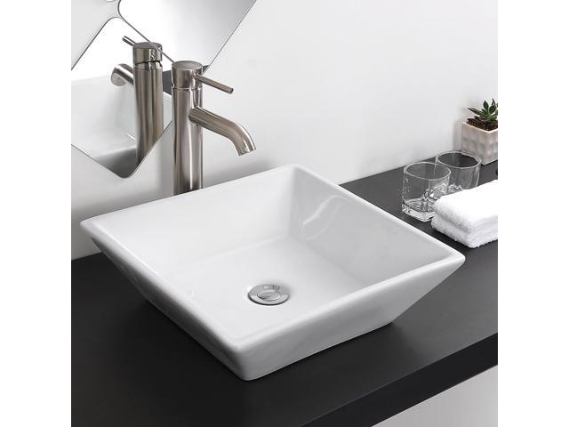 Aquaterior 2 Pcs Square Porcelain Above Counter Sink Bathroom Ceramic Vessel Basin Pop up Drain