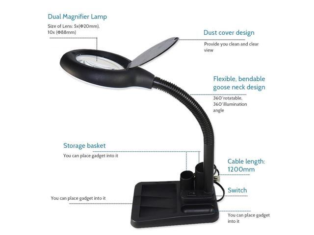 AC220V 6W 40 LEDs 5X/10X Magnifier Glass Desk Lamp with Gadget Storage Design
