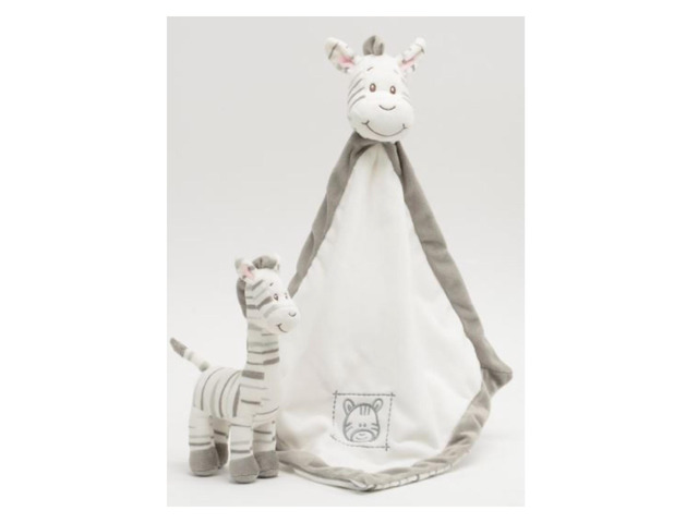Unipak Zebra Baby Plush Set - Security Blankie, 13' and Rattle, 6'