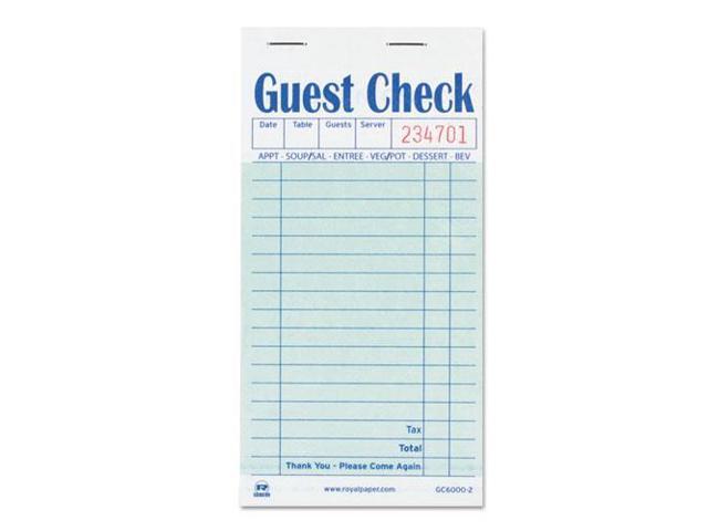 Royal Guest Check Book Carbon Duplicate 3 1/2 x 6 7/10 50/Book 50 Books/Carton GC60002