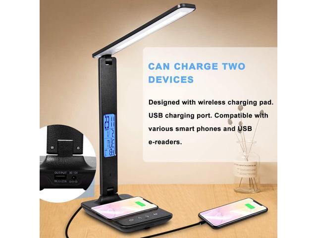 LED Desk Lamp with Wireless Charger, Suitable for Home, Office Dimmable, with USB Charging Port, Built-in Clock, Calendar, Thermometer and...