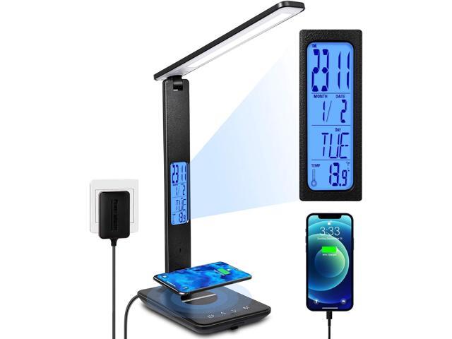 LED Desk Lamp with Wireless Charger, Suitable for Home, Office Dimmable, with USB Charging Port, Built-in Clock, Calendar, Thermometer and...