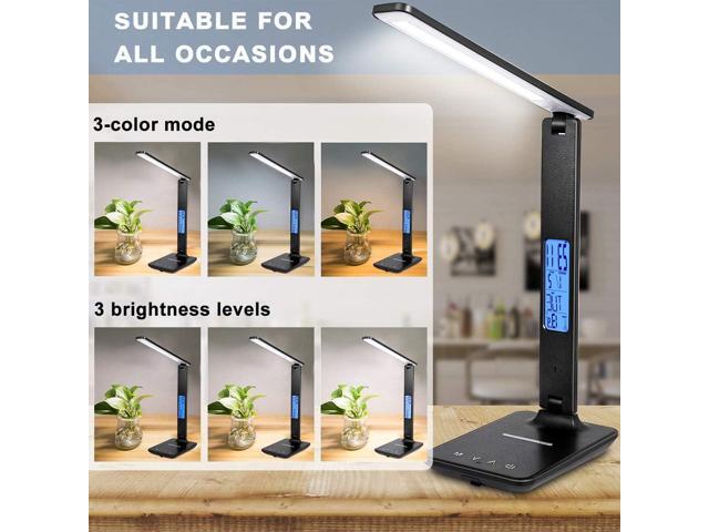 LED Desk Lamp with Wireless Charger, Suitable for Home, Office Dimmable, with USB Charging Port, Built-in Clock, Calendar, Thermometer and...