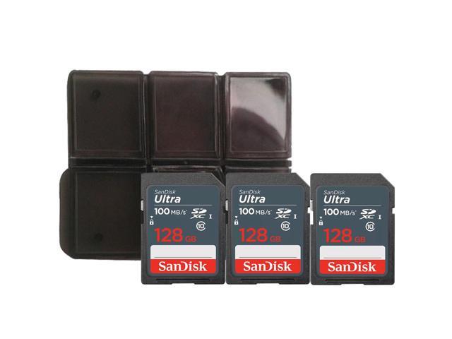 3x Sandisk Ultra 128 GB SDXC UHS-I Memory Card 100 MBs with Memory Card Holder