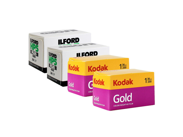 2x Kodak GOLD 200 Color Negative Film (35mm, 36 Exp) with 2x Ilford HP5 Plus Black and White Negative Film (35mm, 36 Exp)
