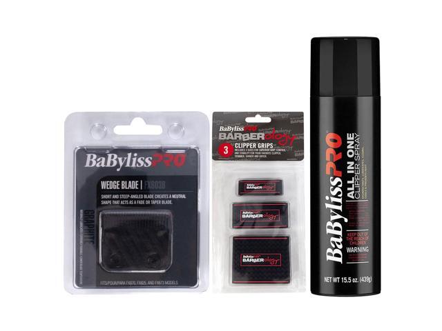BaByliss Pro Wedge Clipper Blade (Graphite) FX603B with Barberology Clipper Grips - 3 Pack and All In One Clipper Spray