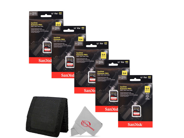 5x Sandisk 64GB Extreme PRO SDXC UHS-I Memory Card + Card Wallet