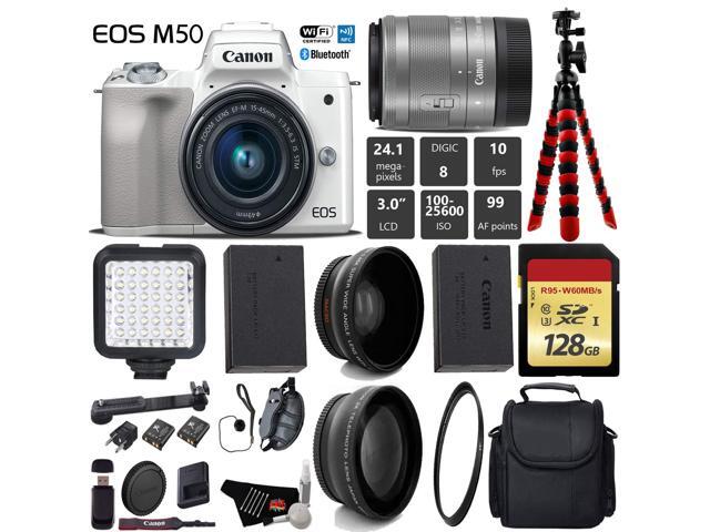 Canon EOS M50 Mirrorless Digital Camera (White) with 15-45mm Lens + LED + UV FLD CPL Filter Kit + Wide Angle & Telephoto Lens + Camera Case +...