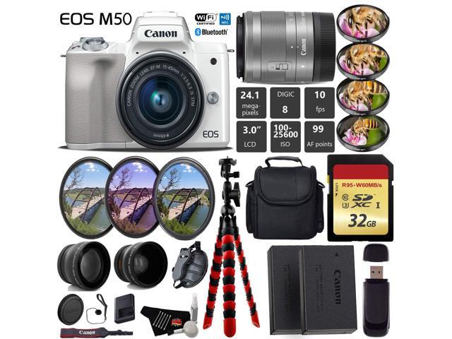 Canon EOS M50 Mirrorless Digital Camera (White) with 15-45mm Lens + UV FLD CPL Filter Kit + 4 PC Macro Kit + Wide Angle & Telephoto Lens + Camera...
