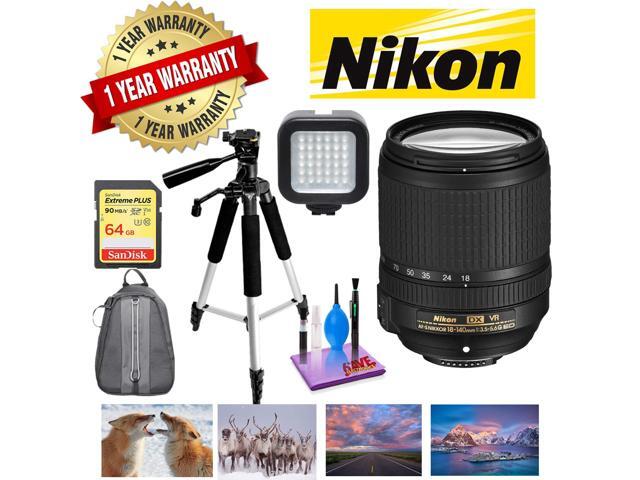 NIKON 18-140MM F/3.5-5.6G ED AF-S DX VR Lens with 1 Year Warranty, Sandisk 64GB Memory, Portable LED Light, and Deluxe P