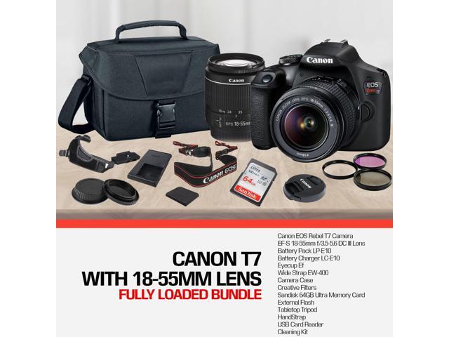 Canon Rebel T7 DSLR Camera with 18-55mm DC III Lens and 64GB Ultra Speed Memory Card, Case, Cleaning Kit, Flash Bundle