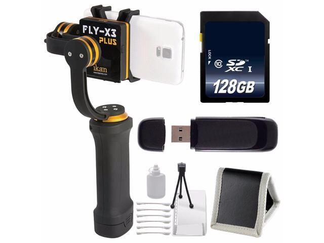 ikan FLY-X3-Plus 3-Axis Smartphone Gimbal Stabilizer with GoPro Mount + 128GB SDXC Class 10 Memory Card + Deluxe Starter