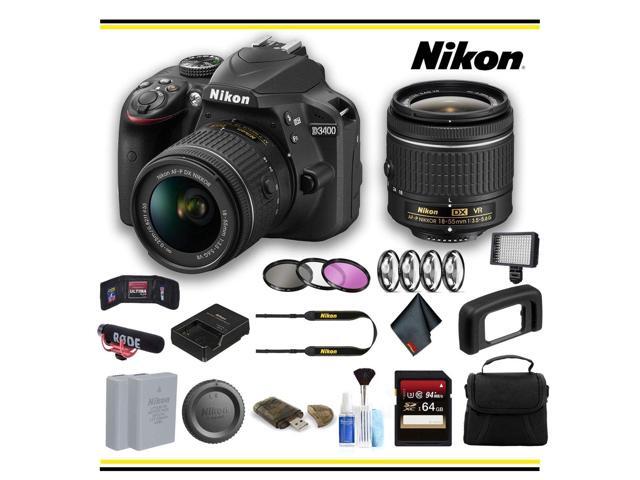 Nikon D3400 DSLR Camera with 18-55mm Lens Advanced Bundle W/ Bag, Extra Battery, LED Light, Mic, Filters and More