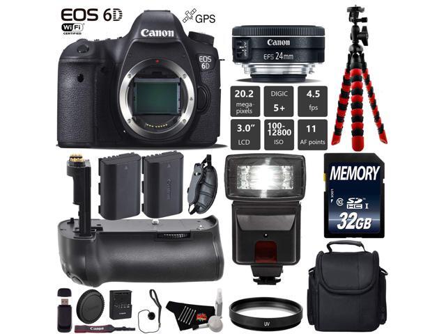 Canon EOS 6D DSLR Camera with 24mm f/2.8 STM Lens + Professional Battery Grip + UV Protection Filter + Flash + Extra Bat