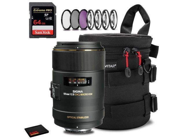 Sigma 105mm f/2.8 EX DG OS HSM Macro Lens for Nikon F with 7-Piece Filter Kit, 64GB SDXC Memory Card and Protective Lens Case