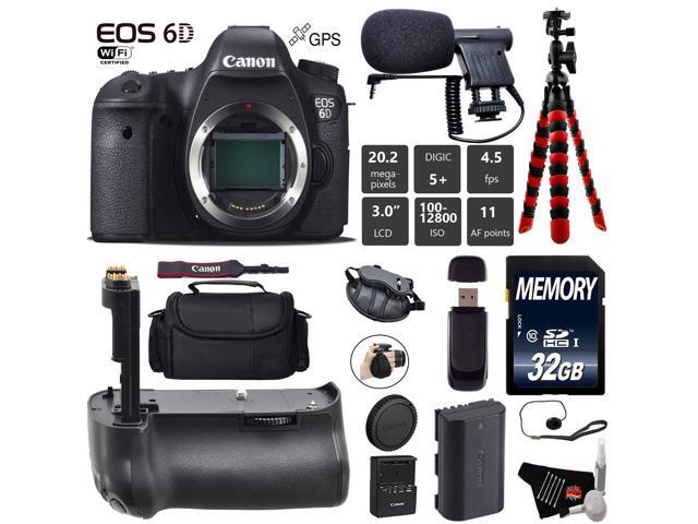 Canon EOS 6D DSLR Camera (Body Only) + Professional Battery Grip + Condenser Microphone + Case + Wrist Strap + Tripod +