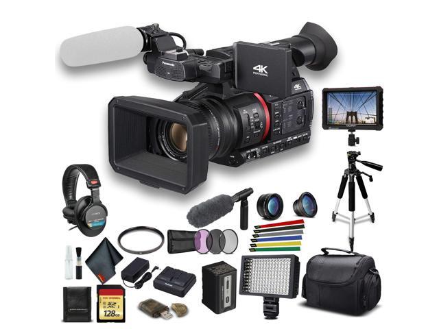 Panasonic 4K Camcorder W/ Padded Case, 128 GB Memory Card, Heavy Duty Tripod, Lens Filters, Sony Headphones, Sony Mic, External 4K Monitor, Wire.