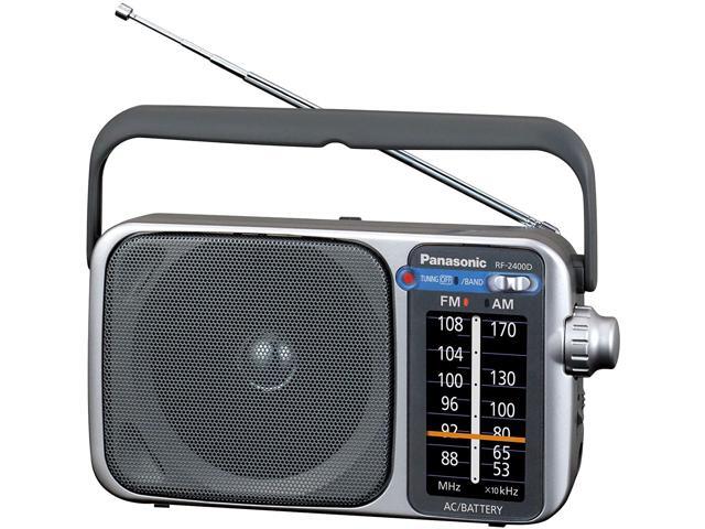 Panasonic Portable AM/FM Radio Silver + AA Batteries + Wired Headphones + Cloth Bundle