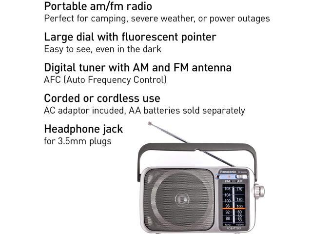 Panasonic Portable AM/FM Radio Silver + AA Batteries + Wired Headphones + Cloth Bundle