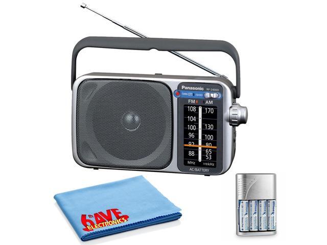 Panasonic Portable AM / FM Radio Silver + 4x AA Batteries With Charger + Cloth Bundle